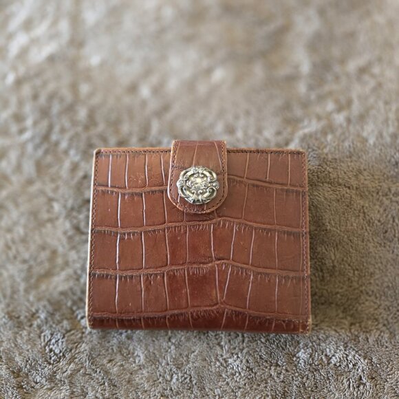 Brighton Vintage Brown Croc Embossed Leather Wallet Bifold Silver Medallion Snap - Picture 2 of 11